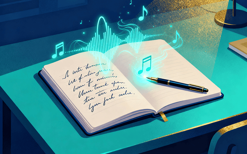 A creative flat lay representing how to write a song, with a pen transforming handwritten lyrics in a notebook into glowing musical notes. (1).png
