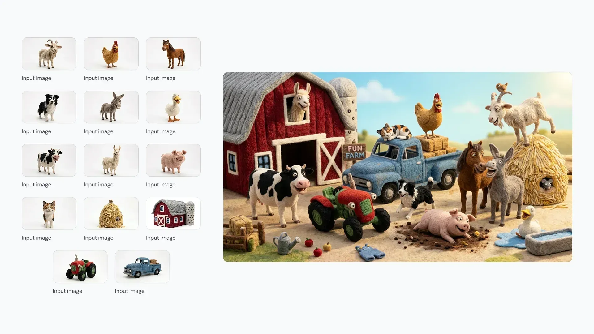 A collage showing individual felt-textured farm characters and items o.webp