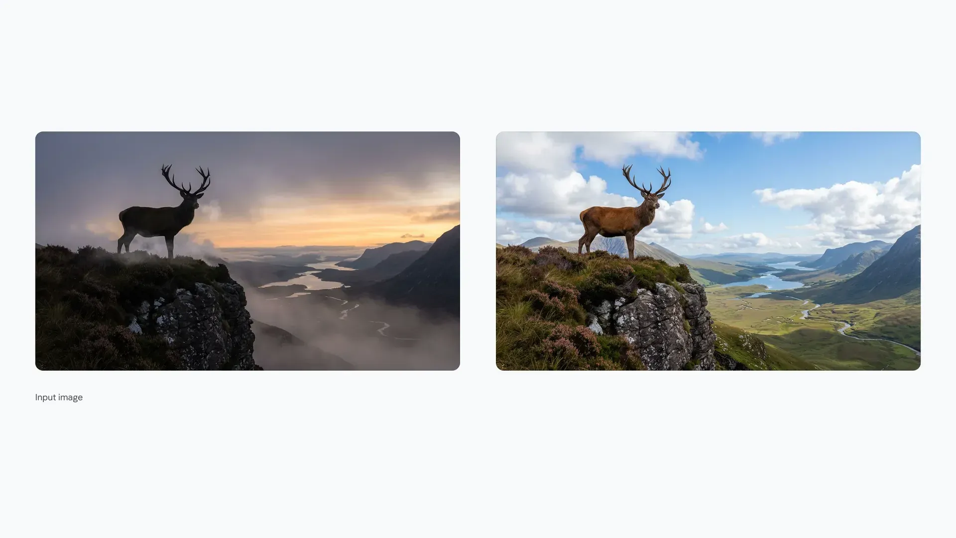 A side-by-side comparison of a landscape featuring a stag standing on.webp