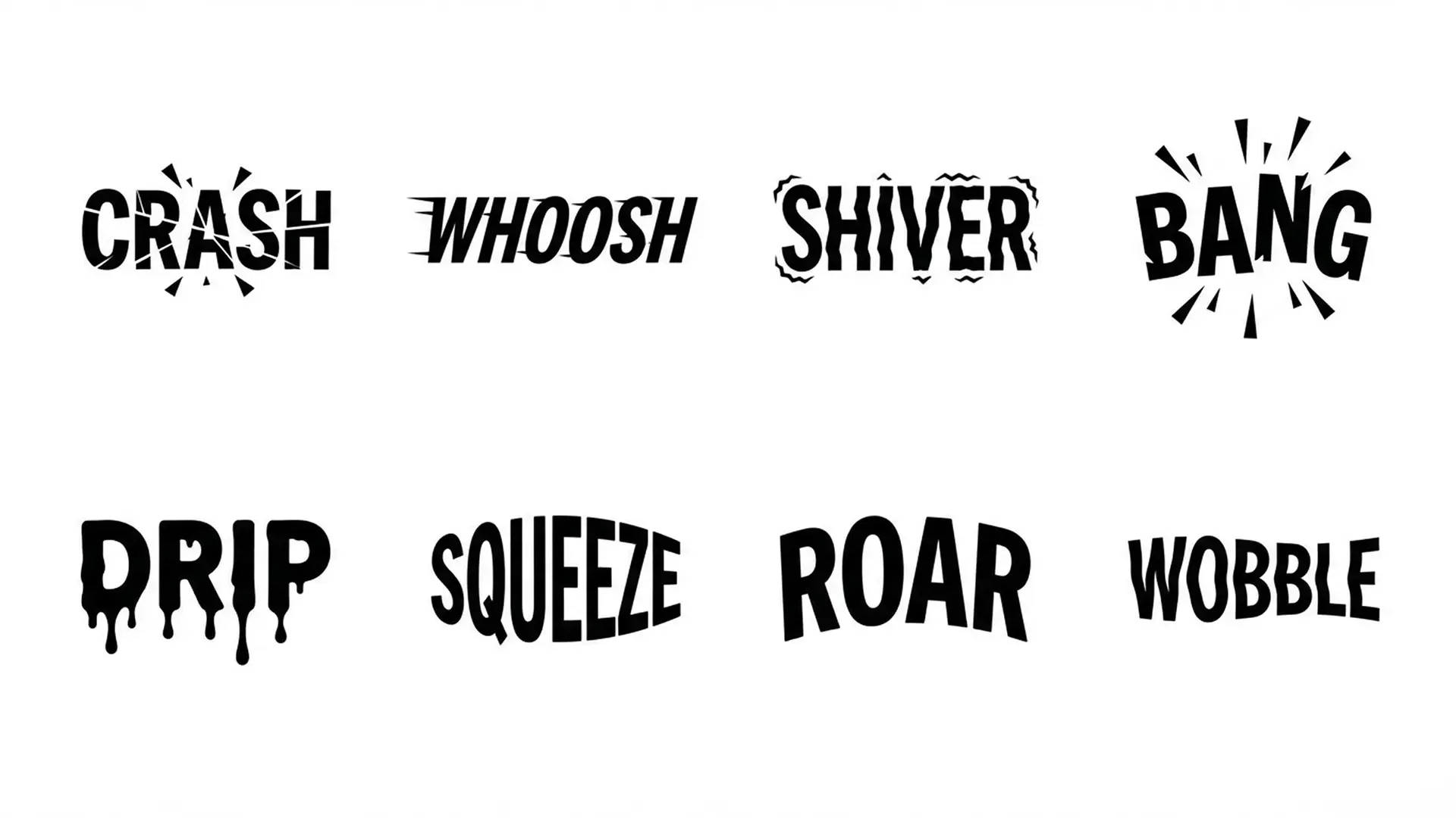 A collection of eight expressive typographic designs for onomatopoeic.webp