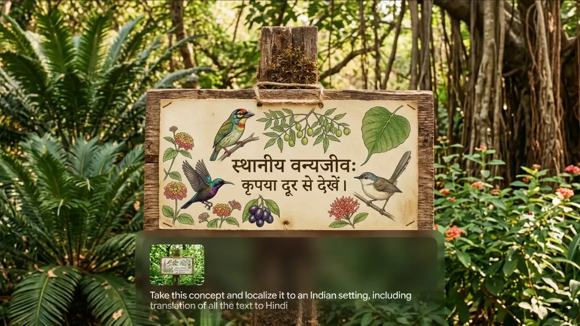 A wooden sign in a jungle illustrating local Indian wildlife with text.webp