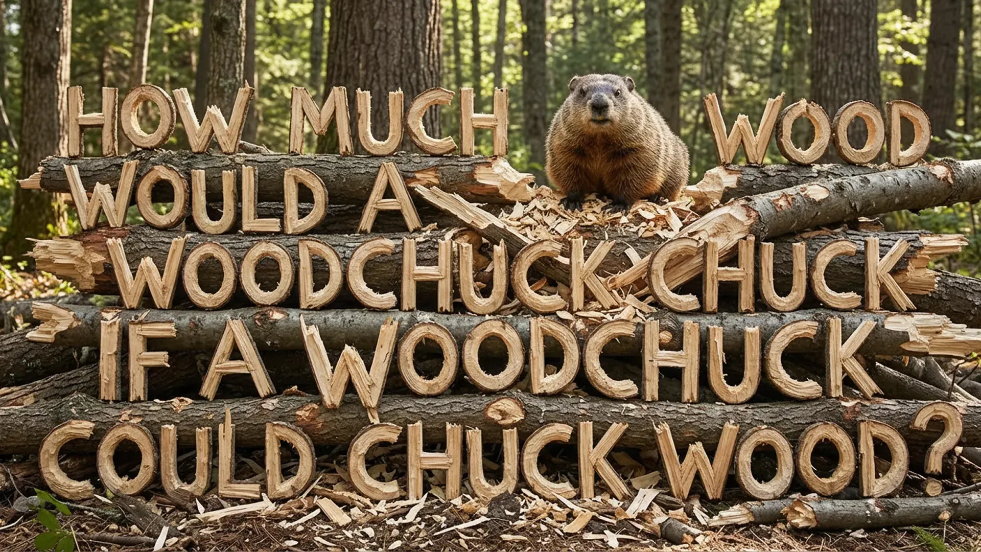 A woodchuck sitting on a pile of logs in a forest, where the stacked w.webp