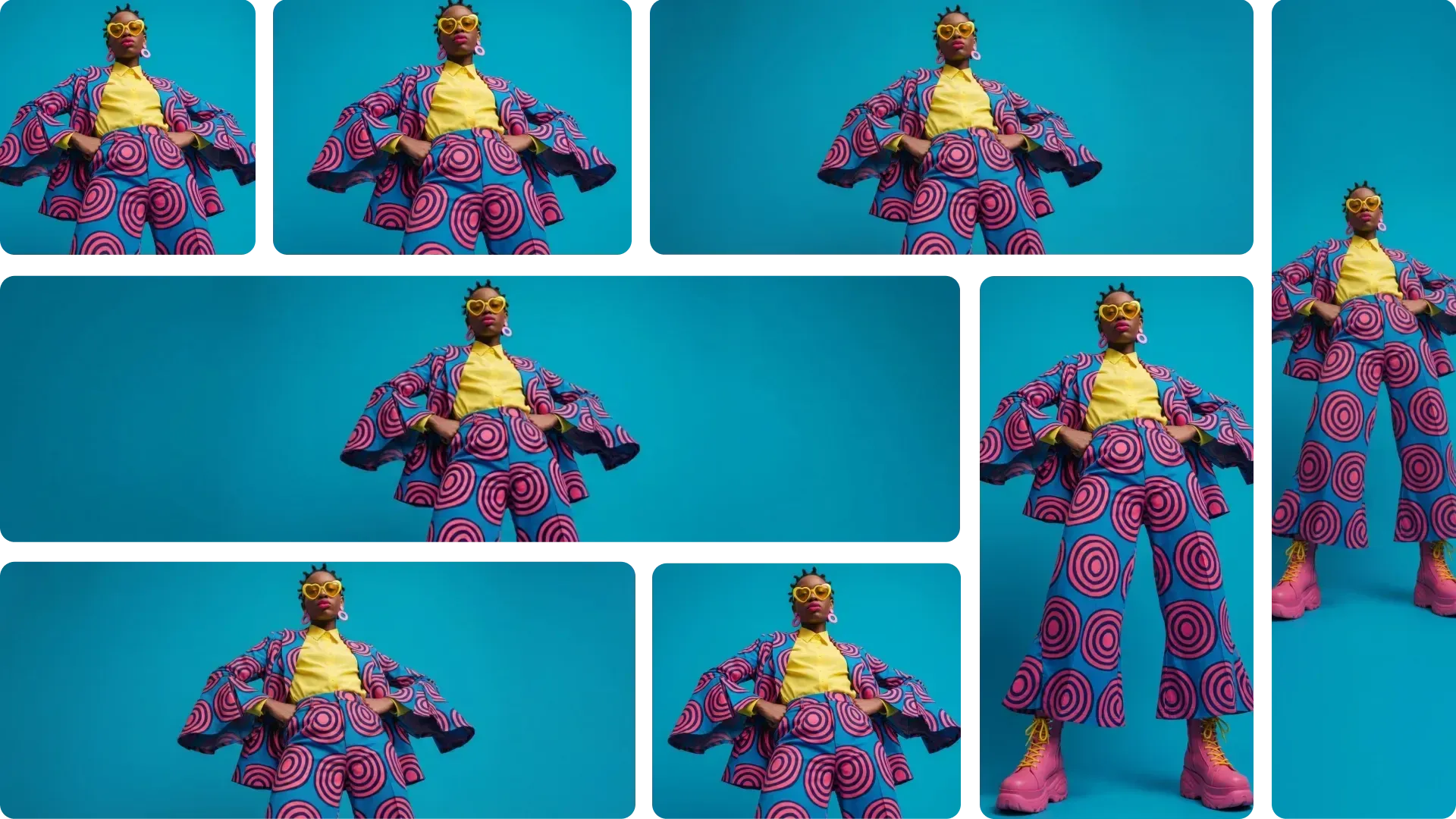 A grid of photos in several aspect ratios showing a person in a vibran.webp