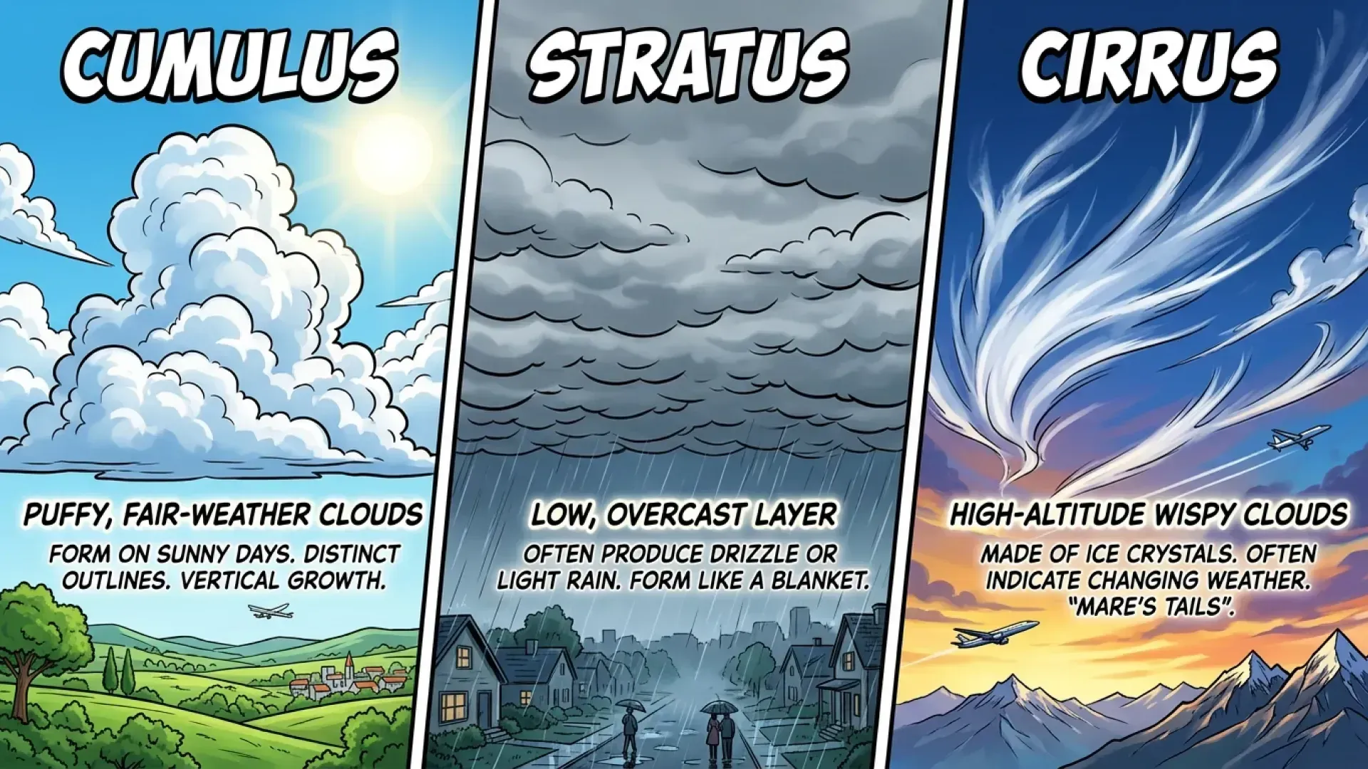 An educational three-panel illustration comparing cloud types the firs.webp