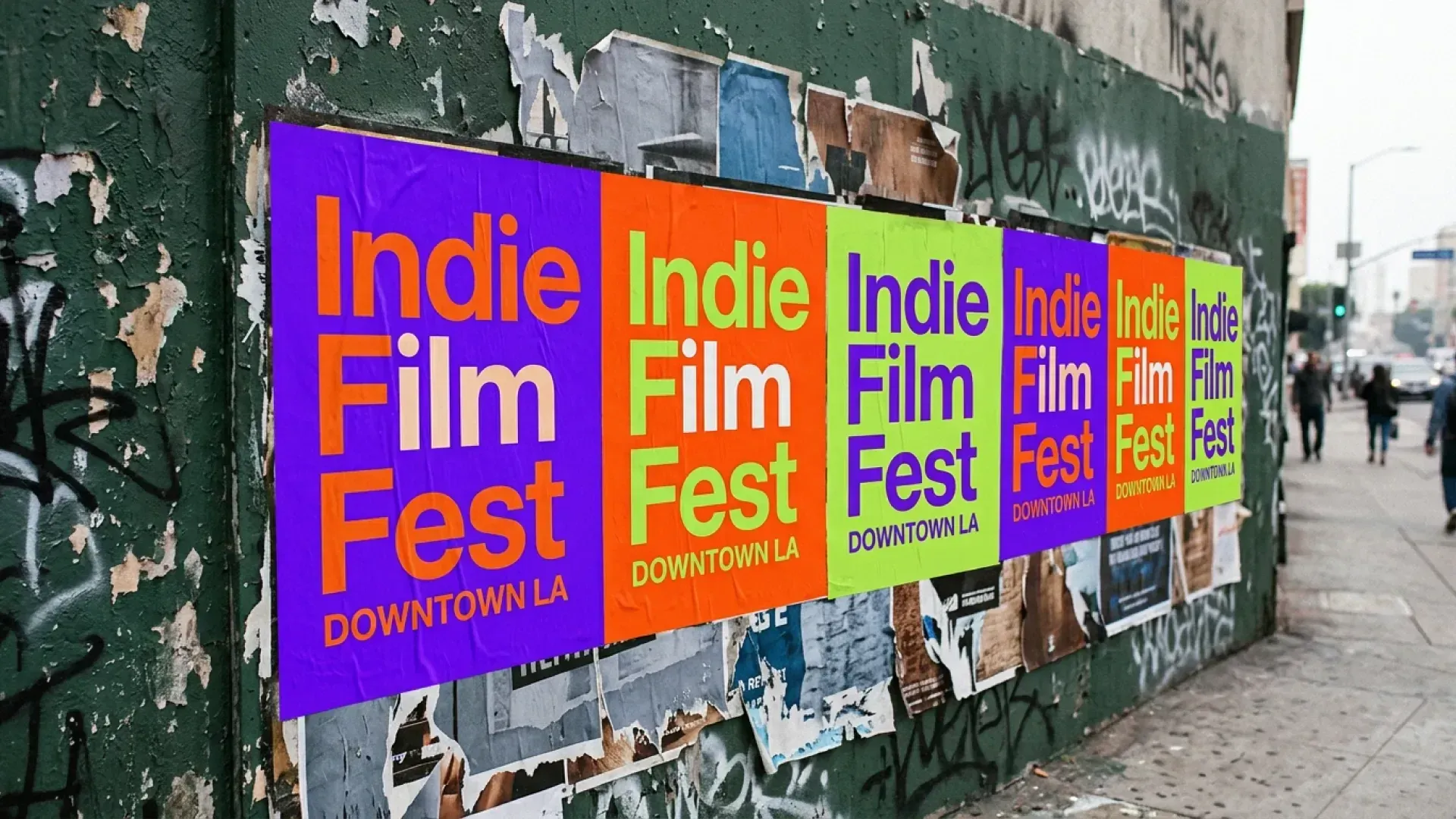 A row of colorful posters for an Indie Film Fest in DOWNTOWN LA is pas.webp