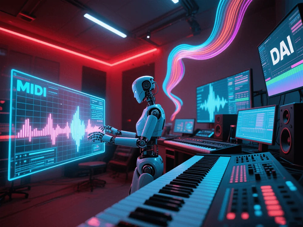 A futuristic digital music production studio with a glowing holographic MIDI grid interface (1).png