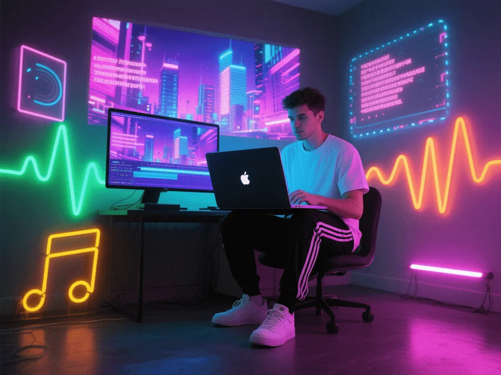 A creative artist sits at a laptop in a dimly lit room, surrounded by glowing waveforms, holographic video screens, and colorful AI-generated visuals syncing to music. (1).png