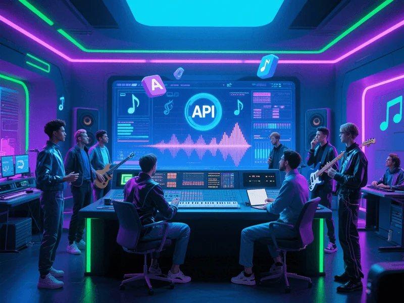 A futuristic digital music studio interface with floating API icons, waveform visualizations,.png