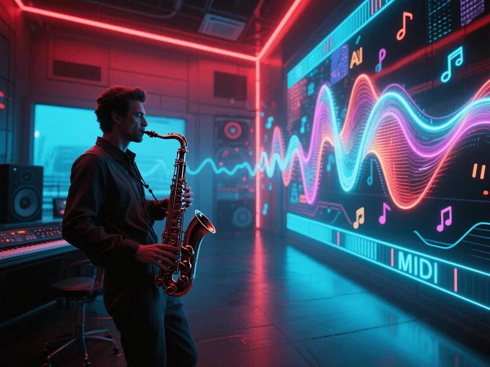 A futuristic jazz musician playing a digital saxophone surrounded by floating musical notes.png