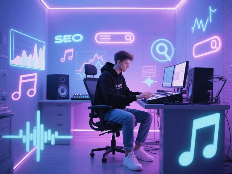 A modern music producer sitting at a digital workstation surrounded by glowing SEO graphs.png