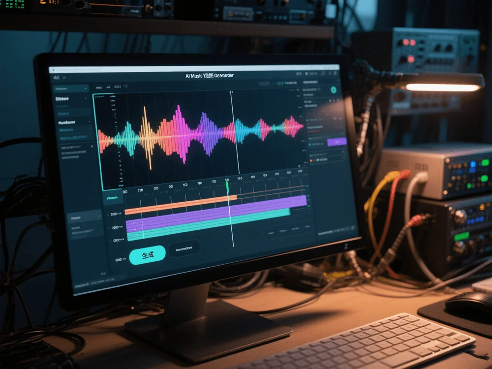 A realistic close-up of a digital interface showing an AI music video generator, with waveform animations.png