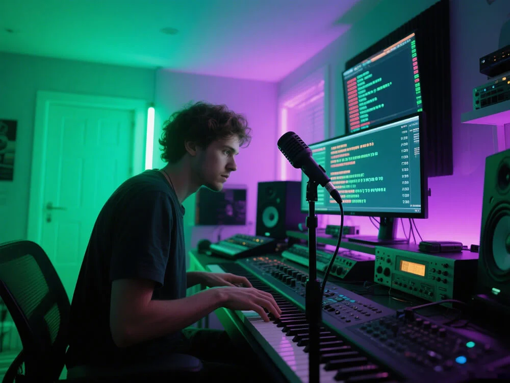 A stylish music producer working in a modern home studio, surrounded by monitors.jpg