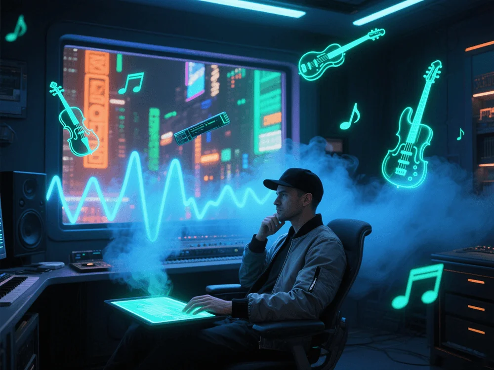 Uno studio musicale futuristico con forme d'onda generate dall'IA, ologrammi digitali di note musicali e molteplici strumenti musicali virtuali che fluttuano a mezz'aria. (1).png