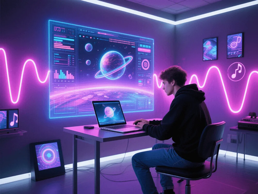 Un artiste créatif est assis devant un ordinateur portable dans une pièce faiblement éclairée, entouré de formes d'onde lumineuses, d'écrans vidéo holographiques et de visuels colorés générés par l'IA se synchronisant avec la musique. (2).png