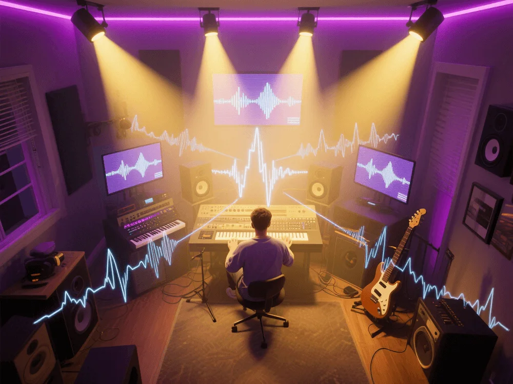 A realistic digital illustration of a modern music producer working with AI-powered music software in a home studio (1).png